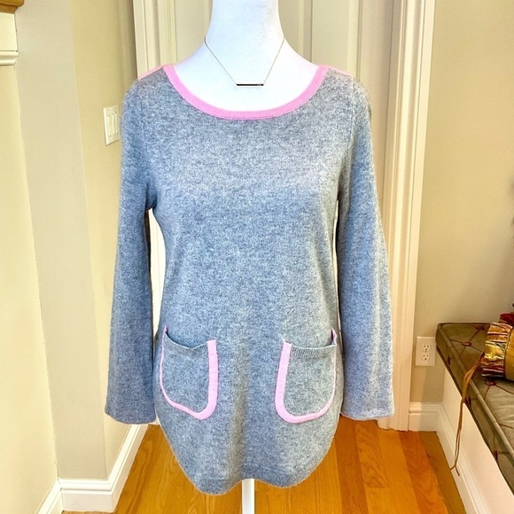 Elorie Sweater Cashmere Gray with Pink Trim in Boat Neck & Front Pockets (XS) - Picture 1 of 7